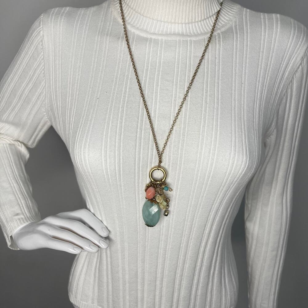 Charm necklace costume jewelry gold tone with faceted faux stones roses pendant